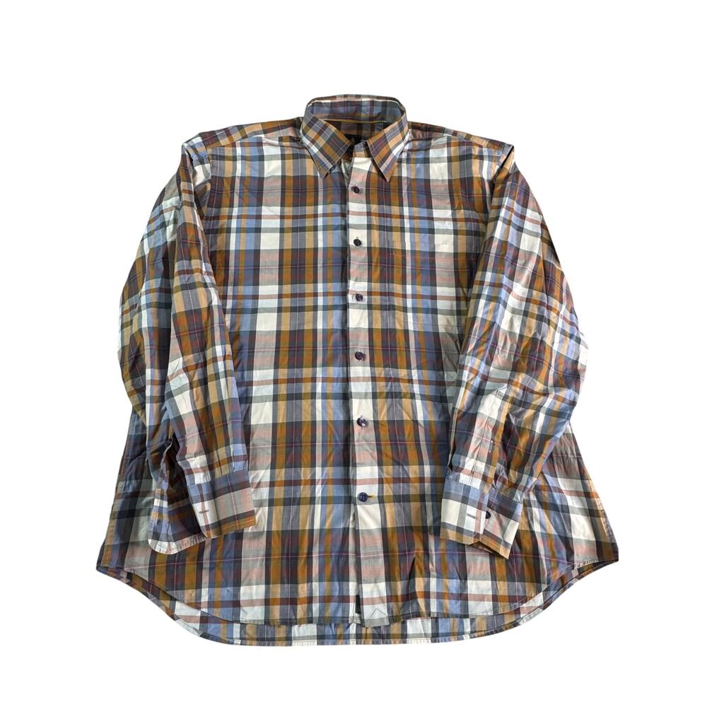 Robert Talbott Shirt Mens Large 100% Cotton Plaid Button Up Blue Brown Orange
